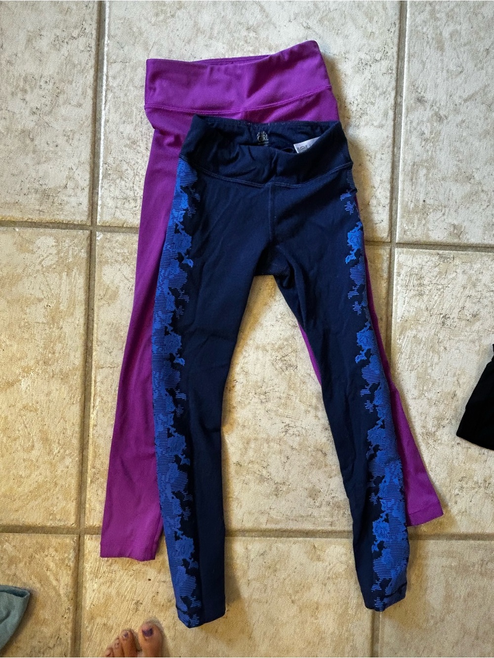 Athleta Purple and Navy Girls' Active Leggings with Blue Side Pattern